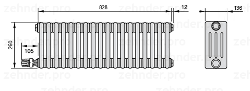 Схема (чертеж) Радиатор Zehnder Charleston 4026/18 №V003 Белый глянцевый RAL 9016